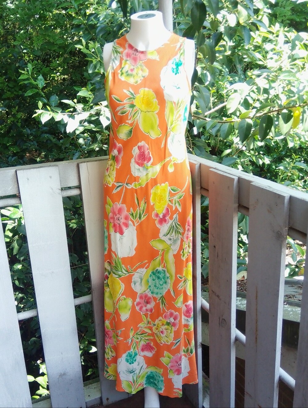 Vintage 90s Y2K Floral Tropical Orange Maxi Dress